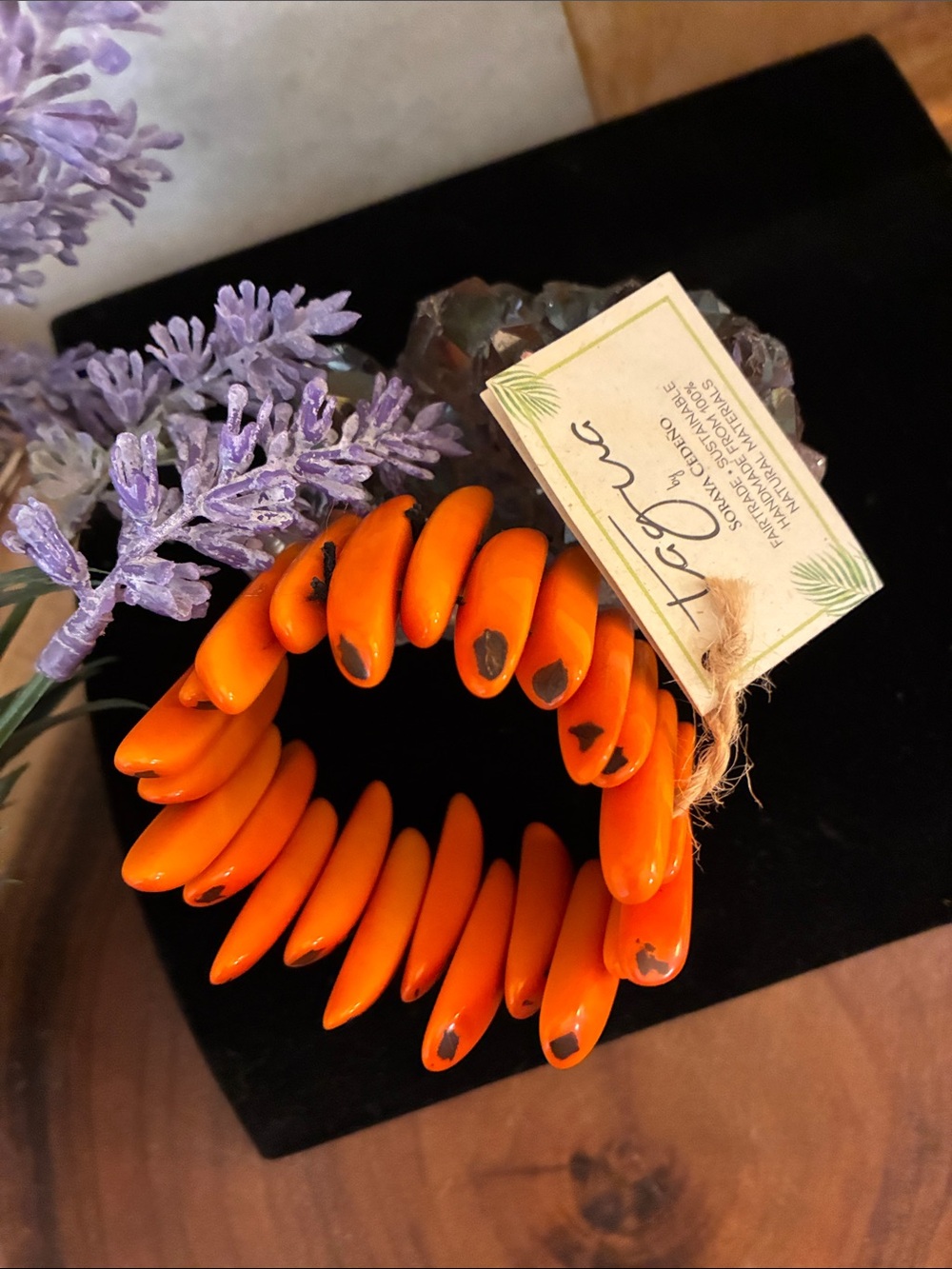 Handmade Orange Bead Stretch Bracelet - Natural Accent